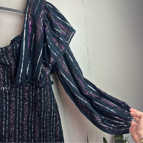 Farm Rio Lurex Stripes Mini Dress One Shoulder Statement Sleeve Sz Med - Picture 6 of 13